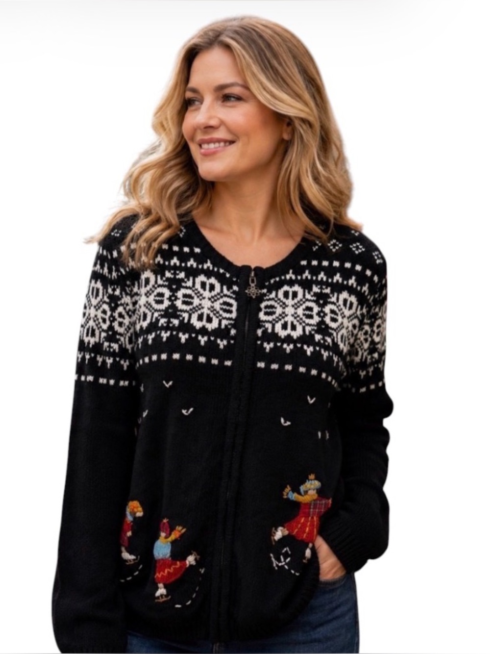 Alfred Dunner Vintage Fair Isle Black Zippered Embroidered Sweater Size S